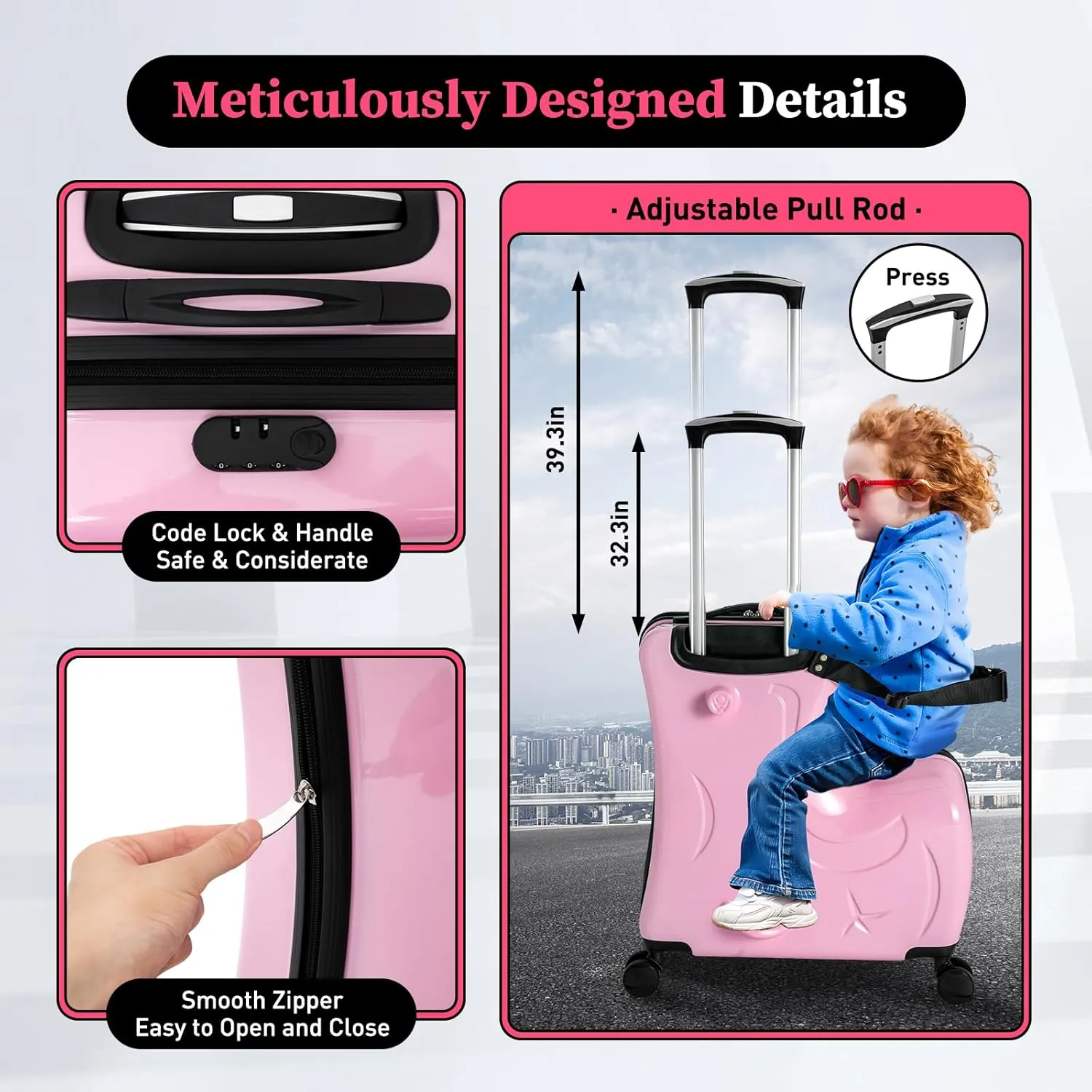 DNYSYSJ 20 Inch Children's Ride On Trolley , Portable Universal Wheel Carry On Luggage, Waterproof Unisex Boys Girls Travel Suitcase With Lock, ABS PC (Pink)