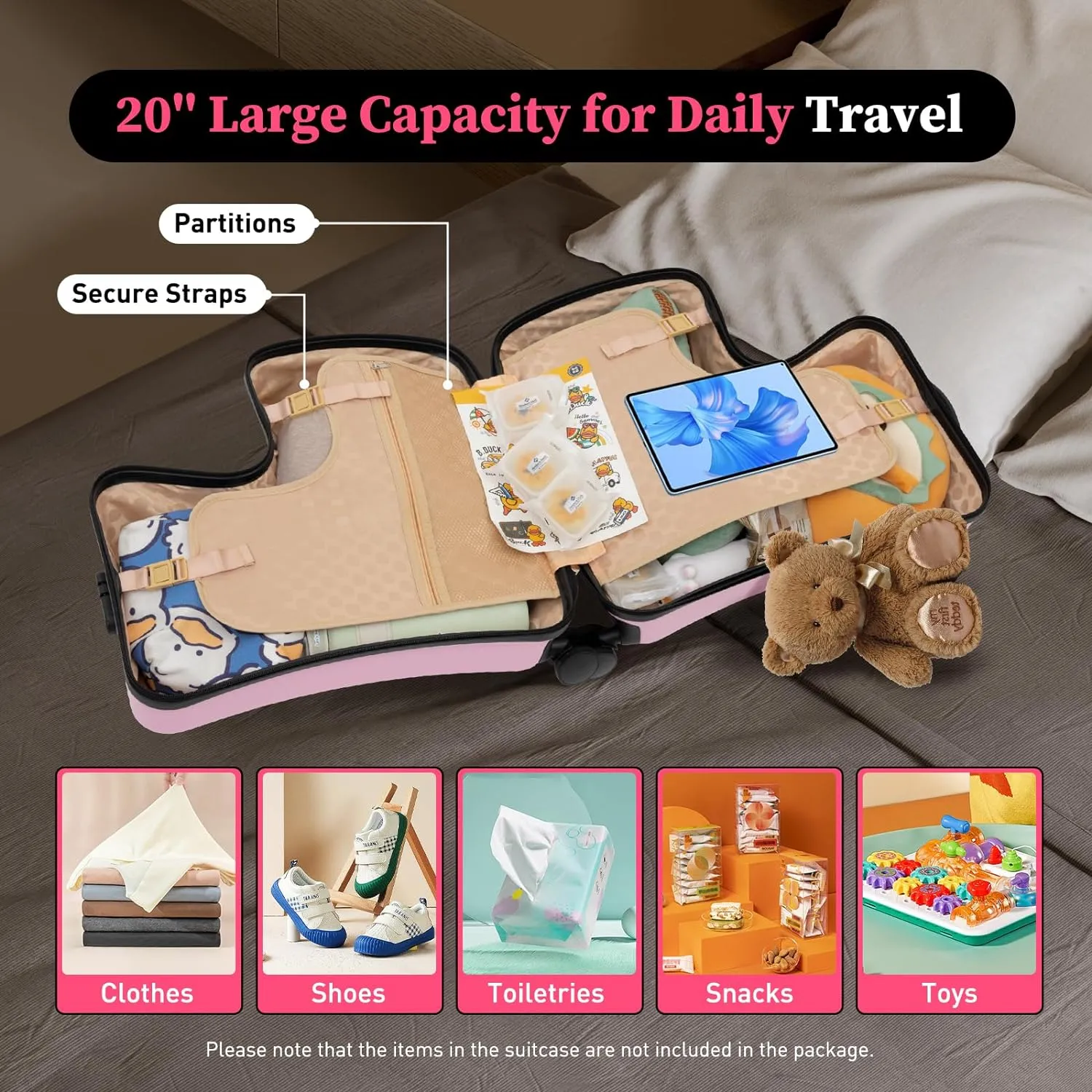 DNYSYSJ 20 Inch Children's Ride On Trolley , Portable Universal Wheel Carry On Luggage, Waterproof Unisex Boys Girls Travel Suitcase With Lock, ABS PC (Pink)