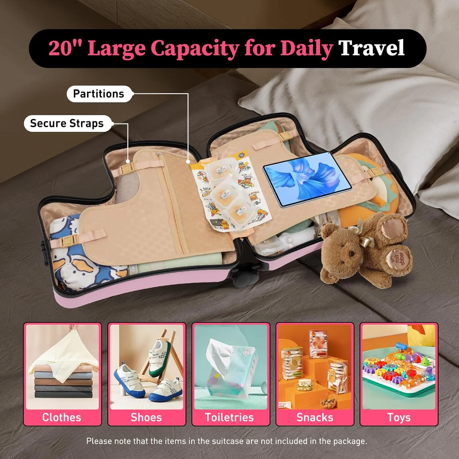 DNYSYSJ 20 Inch Children's Ride On Trolley , Portable Universal Wheel Carry On Luggage, Waterproof Unisex Boys Girls Travel Suitcase With Lock, ABS PC (Pink)