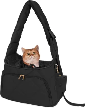 Dog Carrier Sling Puppy Breathable with Adjustable Hand-Free Fluffy Pet Slings for Small Dogs Cats with Travel Safety Harness Lotus, Black Patent Pending
