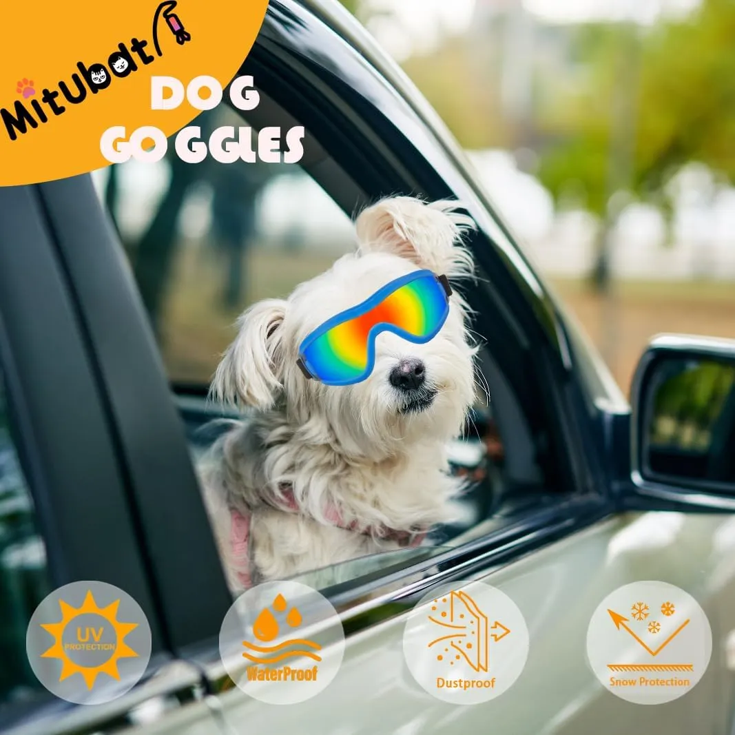 Dog Goggles Small Breed Dog Sunglasses with Adjustable for UV Protection Eyewear Doggy Doggie Puppy Glasses Anti-Fog Wind Dust Snowproof (Blue Frame Red Lens)