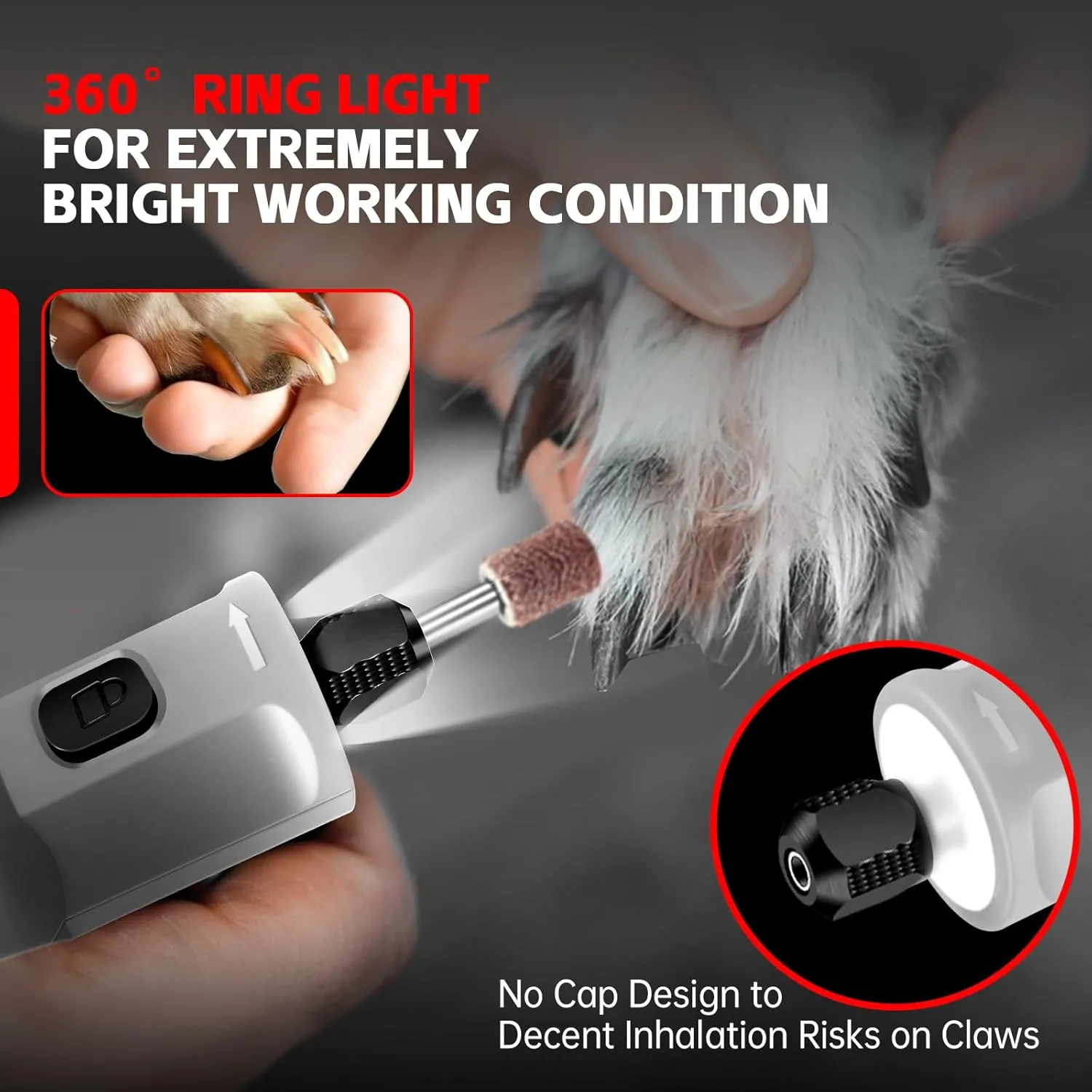Dog Nail Grinder - Rechargeable Pet Nail Grinder, Electric Upgraded 5 Speed w LED Lights Cordless Dog Nail Trimmer Kit, 40 Accessories Pet Dog Claw Care Kit for Dogs Cats and Small Medium Animals Grey