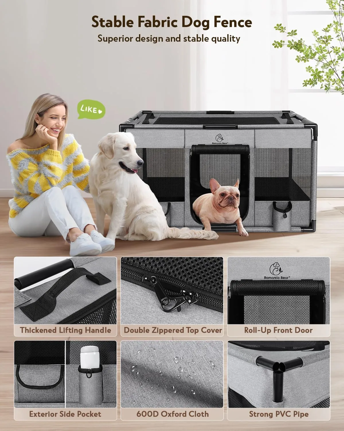 Dog Playpen,Fabric Mesh Dog Fence, Portable Soft Dog Cat Kennel Crate,Breathable Exercise Pet Play Pen for Dogs,PVC Pipe Frame,Indoor Outdoor Pet Fence Cage for Small Animals with Carrying Case(M)