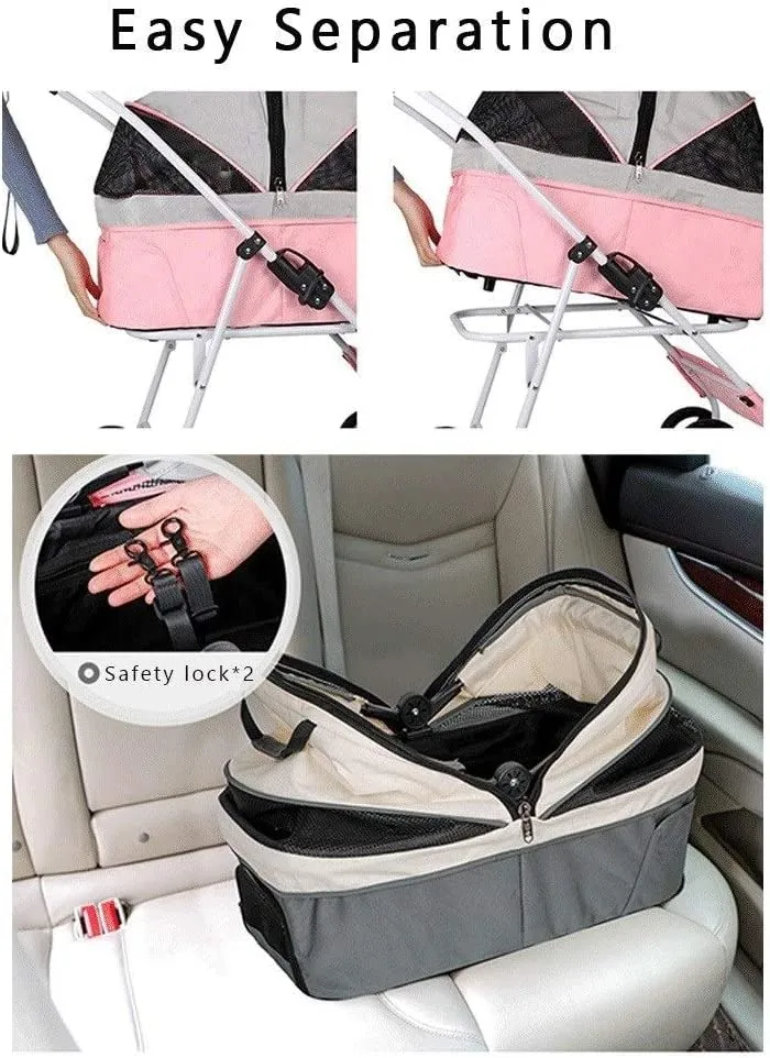 Dog Stroller for Medium Small Dogs 40 Lbs, Foldable 4-Wheel Pet/cat Stroller with Detachable Carrier, Breathable Dog Pram Large Capacity Net Bag