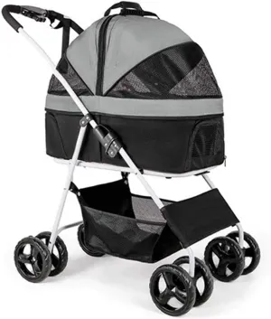Dog Stroller for Medium Small Dogs 40 Lbs, Foldable 4-Wheel Pet/cat Stroller with Detachable Carrier, Breathable Dog Pram Large Capacity Net Bag