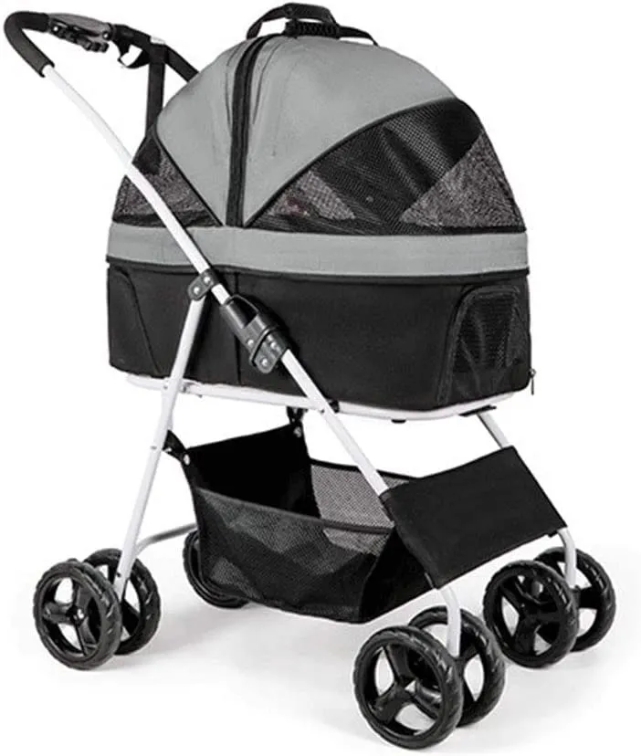 Dog Stroller for Medium Small Dogs 40 Lbs, Foldable 4-Wheel Pet/cat Stroller with Detachable Carrier, Breathable Dog Pram Large Capacity Net Bag