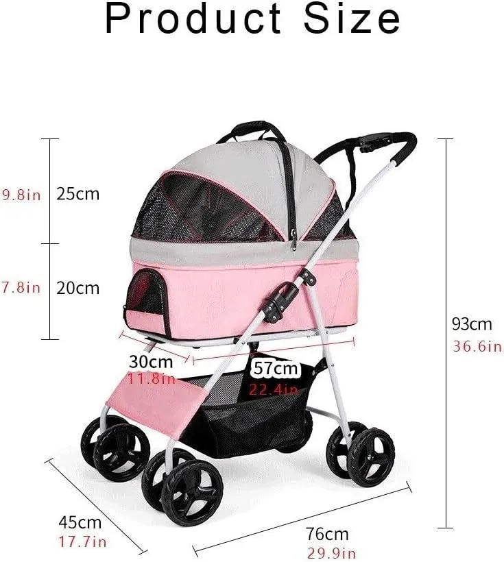 Dog Stroller for Medium Small Dogs 40 Lbs, Foldable 4-Wheel Pet/cat Stroller with Detachable Carrier, Breathable Dog Pram Large Capacity Net Bag