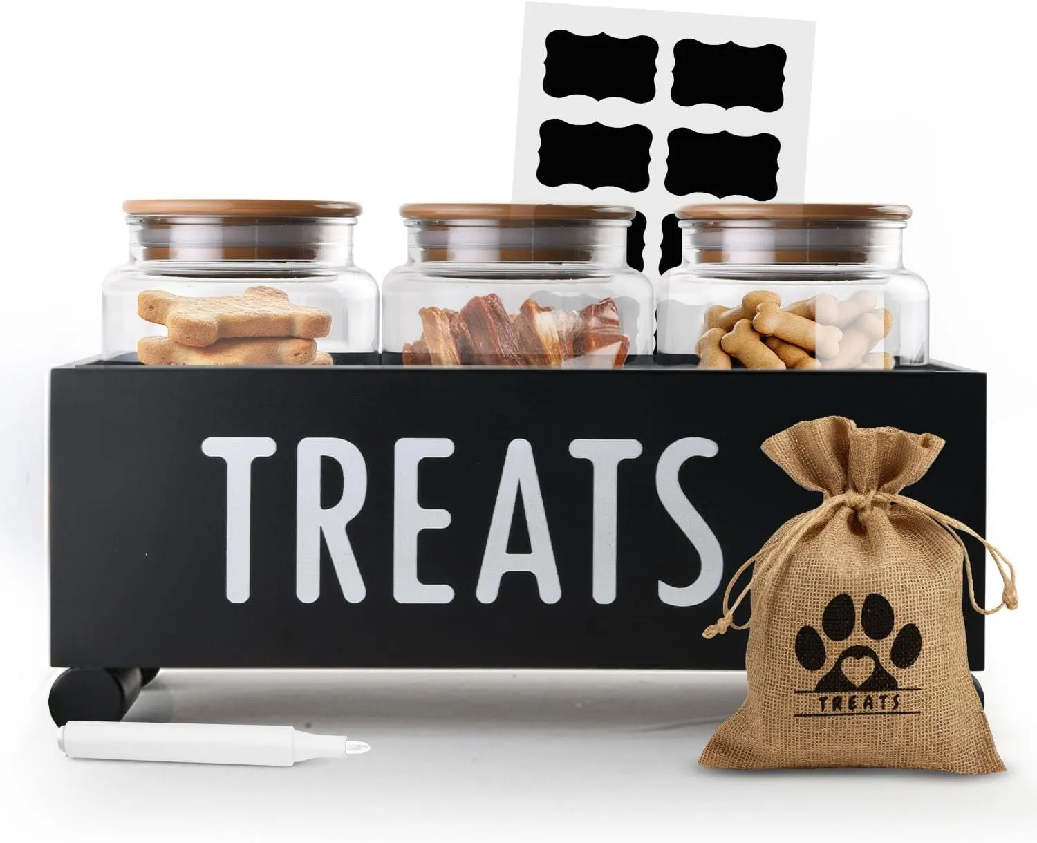 Dog Treat Container - Includes 3 Treat Jar, 1 Treat Bag, Wooden Pet Treat Container, Storage Basket For Pets, Dog Treat Station, with Reusable Sticker & Marker