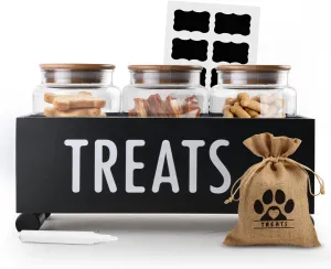 Dog Treat Container - Includes 3 Treat Jar, 1 Treat Bag, Wooden Pet Treat Container, Storage Basket For Pets, Dog Treat Station, with Reusable Sticker & Marker