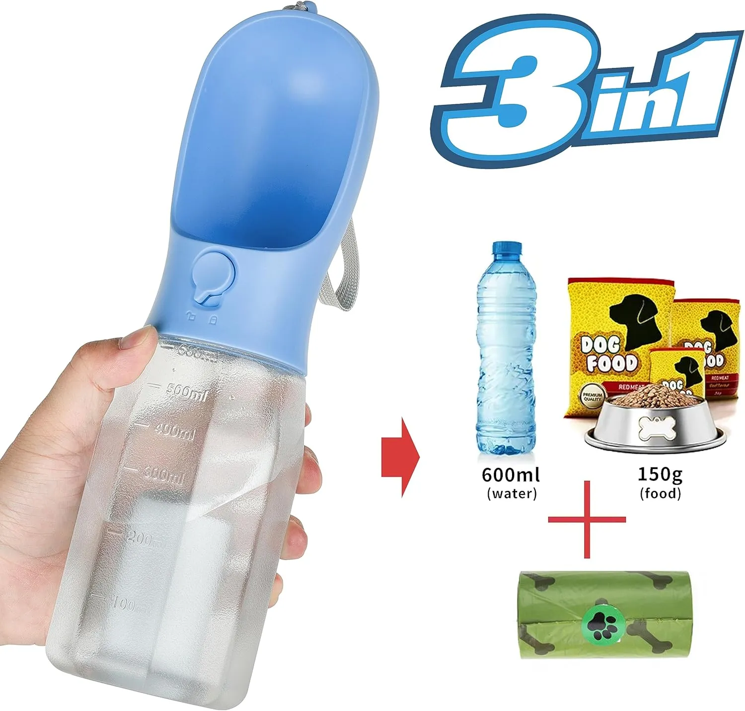 Dog Water Bottle with Food Container, Portable Pet Dog Water Dispenser for Outdoor Walking,Hiking,Travel,Puppy Essentials,Puppy Supplies,Replaceable Waste Bags