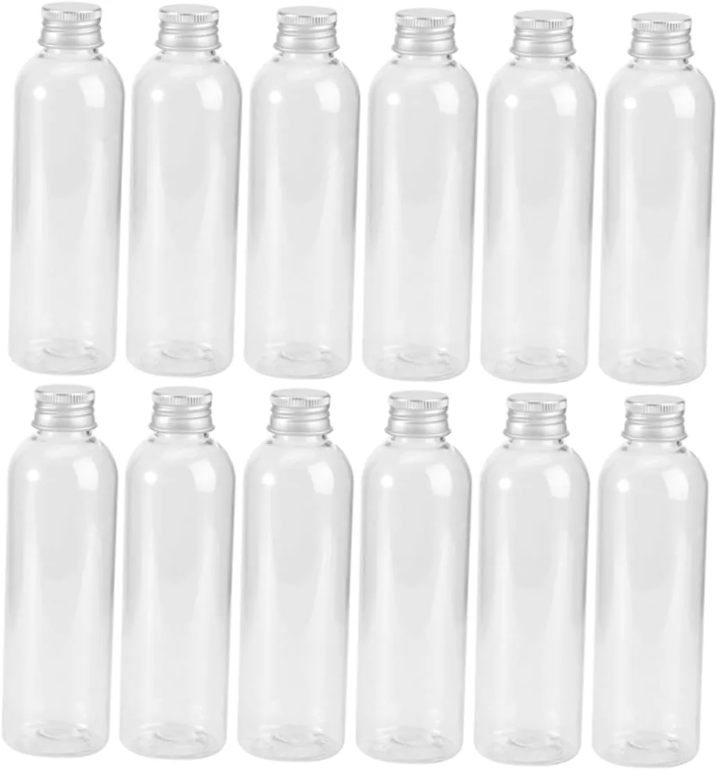 DOITOOL 12 Pack of Plastic Storage Bottles Aluminum Caps Leakproof for Cosmetics Liquids, Transparent, 14.9X4.5X4.5CM
