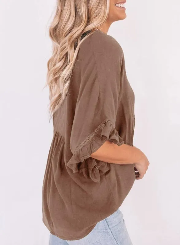 Dokotoo Womens Blouses Smocked Casual V Neck Ruffle Bell Half Sleeve Shirts Top