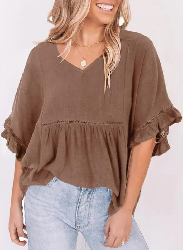 Dokotoo Womens Blouses Smocked Casual V Neck Ruffle Bell Half Sleeve Shirts Top