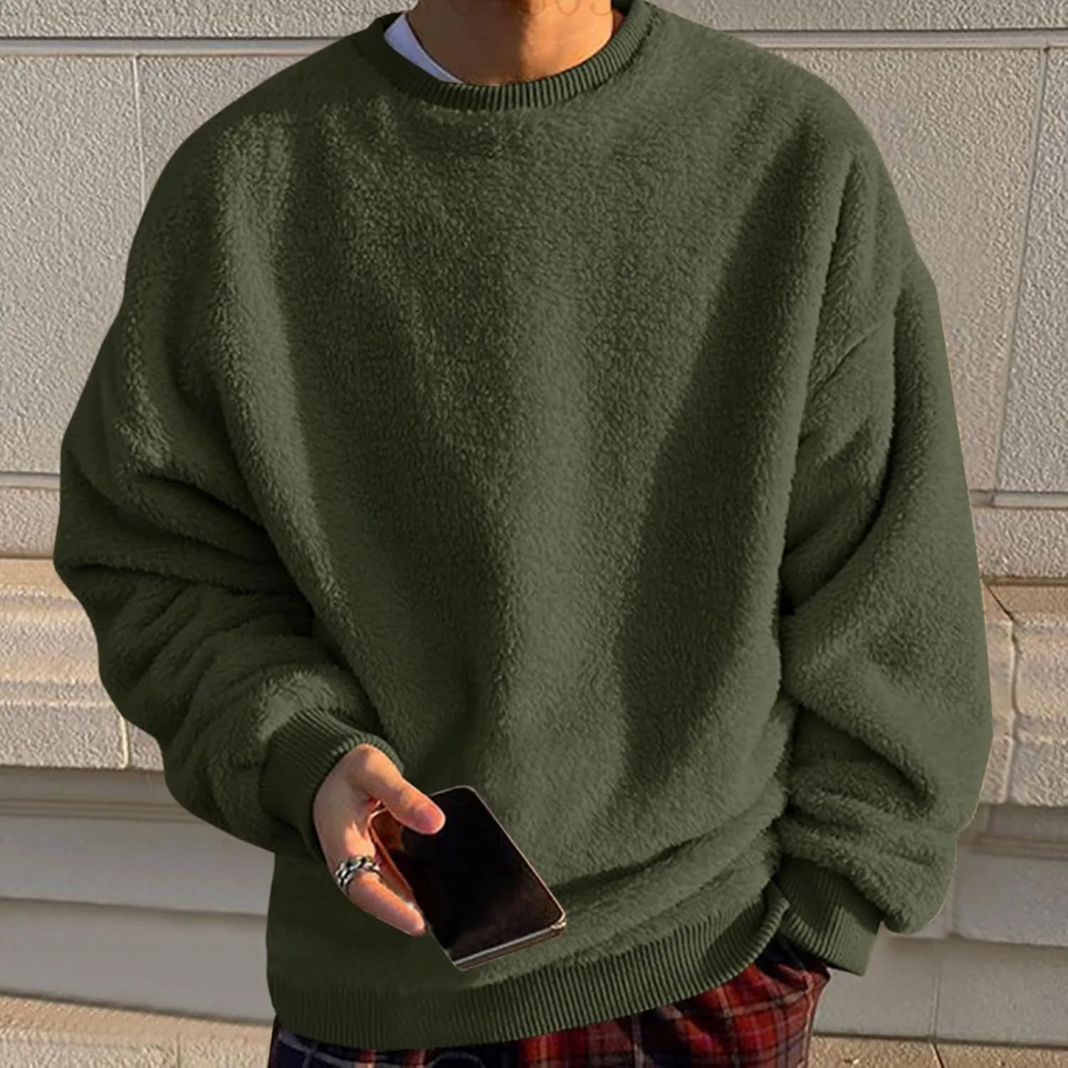 DOLKFU Men Hoodies Sherpa Fleece Oversized Pullover Sweatshirts Solid Color Long Sleeve Warm Crewneck Sweatshirt
