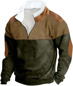 DOLKFU Men's Hoodies 1/4 Zipper Stand Collar Sweatshirts Sherpa Lined Fleece Loose Fit Pullover Tops With Elbow Patches