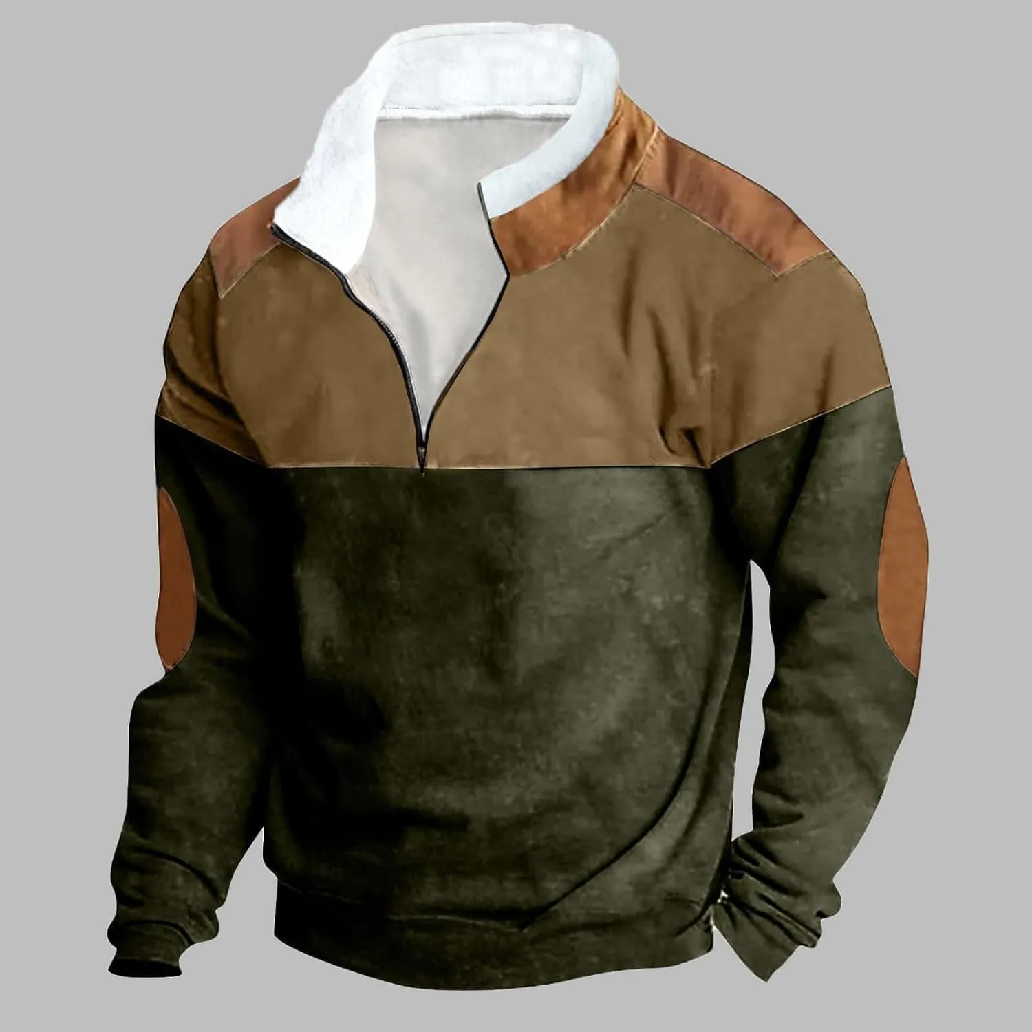 DOLKFU Men's Hoodies 1/4 Zipper Stand Collar Sweatshirts Sherpa Lined Fleece Loose Fit Pullover Tops With Elbow Patches