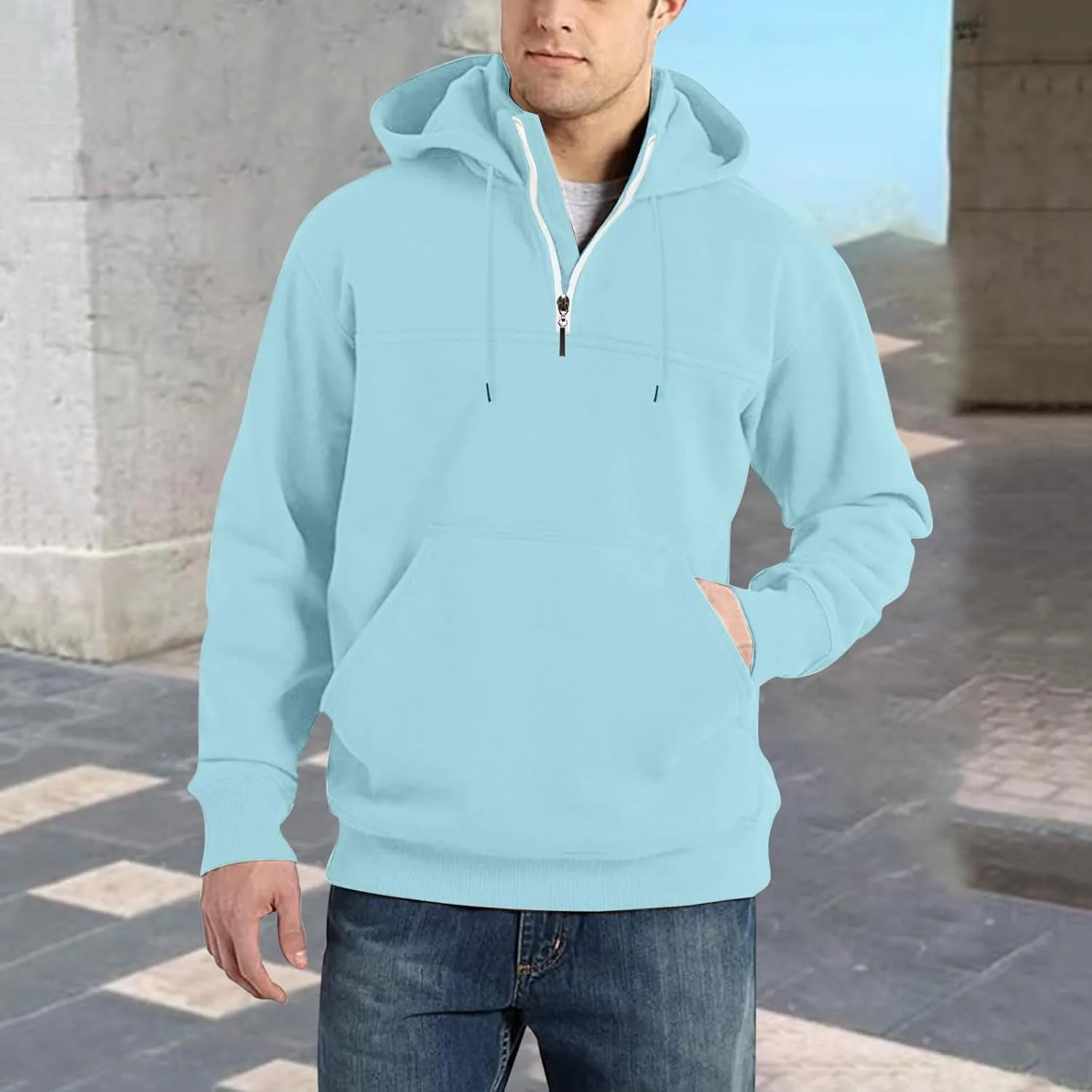 DOLKFU Men's Quarter Zip Hoodies Simple Solid Color Long Sleeve Sweatshirts Loose Fit Trendy Hooded Tops with Pocket