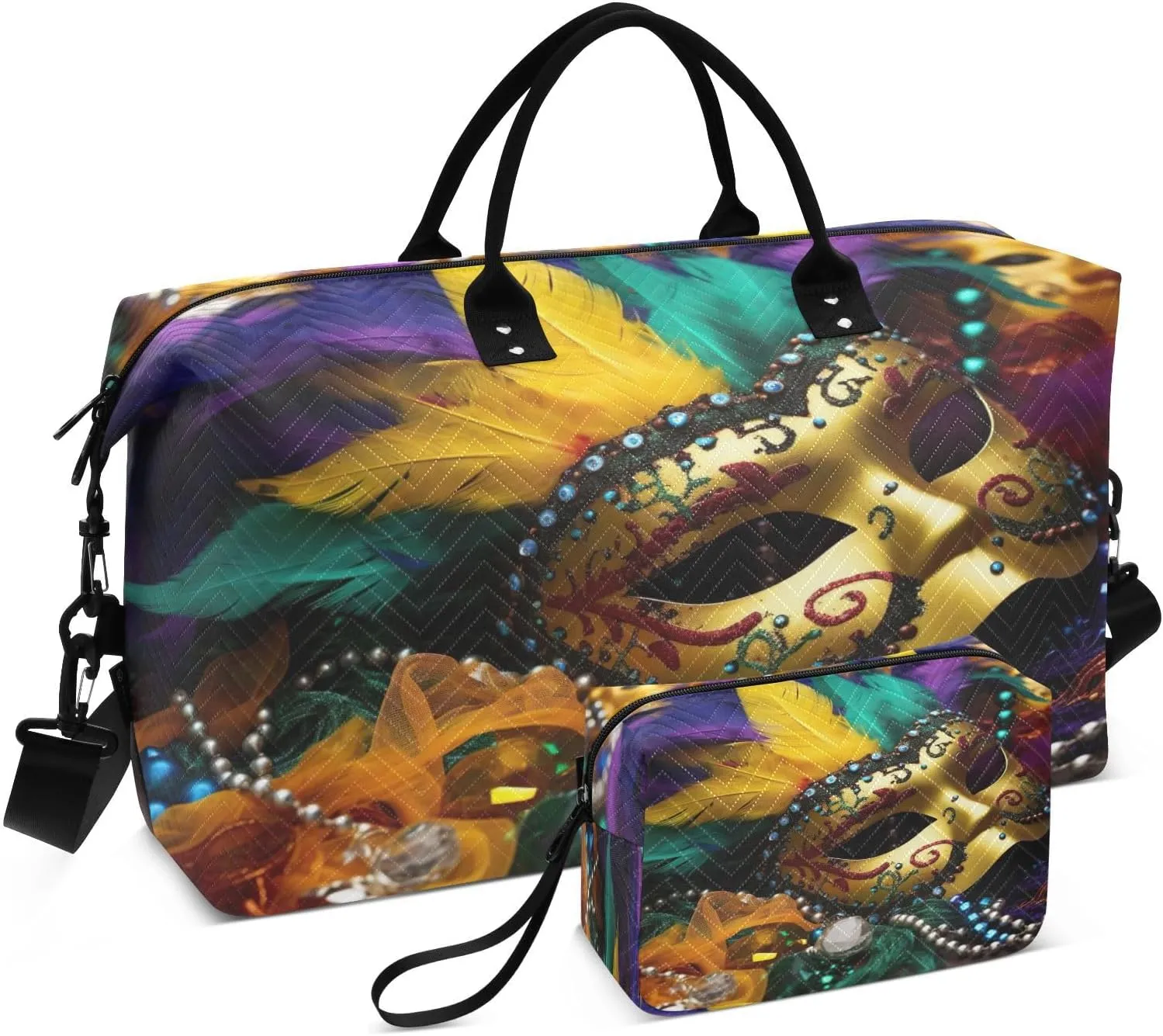 DOMIKING Carnival Mardi Gras Beads Travel Duffle Bag Foldable Weekender Overnight Bags for Women Men Carry On Tote Bag Personal Item Travel Bag with Toiletry Bag for Sports Business Trip, 2 Pcs