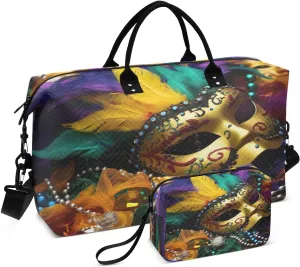 DOMIKING Carnival Mardi Gras Beads Travel Duffle Bag Foldable Weekender Overnight Bags for Women Men Carry On Tote Bag Personal Item Travel Bag with Toiletry Bag for Sports Business Trip, 2 Pcs