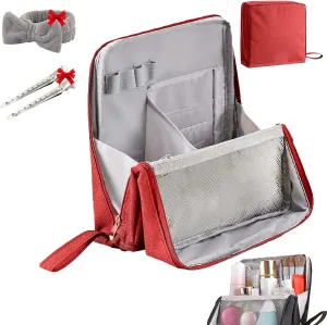 Doresty Makeup Bag Large, Doresty Makeup Bag Set, Upright Cosmetic Organizer – Portable, Large Capacity, Portable Vertical Opening Cosmetic Organizer with Compartments (Red)
