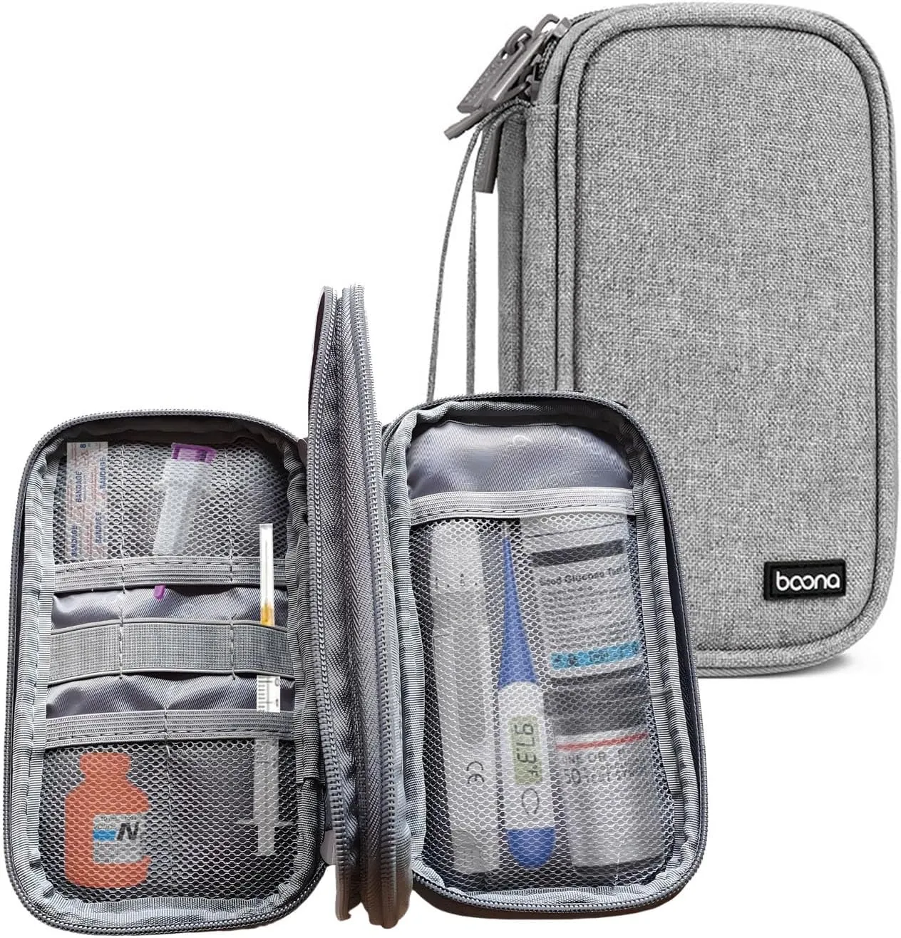 Double Layer Diabetic Supplies Medical Bag Travel Case Storage Box for Diabetes Testing Kit, Glucose Meters, Lancing Device, Lancets, Pen Needles, Insulin Syringes, Sticker, Alcohol Prep Pads (Gray)