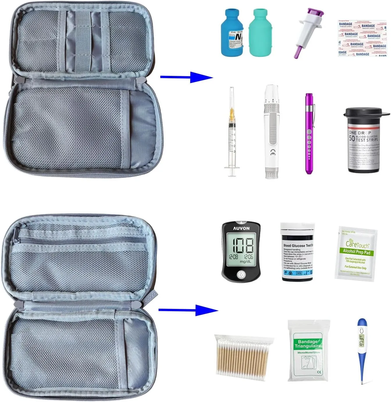 Double Layer Diabetic Supplies Medical Bag Travel Case Storage Box for Diabetes Testing Kit, Glucose Meters, Lancing Device, Lancets, Pen Needles, Insulin Syringes, Sticker, Alcohol Prep Pads (Gray)