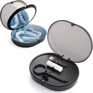 Double-layer orthodontic retainer storage box set - with occlusal strap, disassembly tool, cleaning brush, built-in mirror, portable tooth guard, denture, retainer box