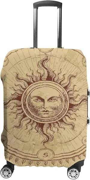 Double-sided Printed Luggage Cover, Ancient Decor Elastic Travel Luggage Cover, Roman Sculpture Face in Circle like Radiating Sun, Fits 30-32 Inch Luggage, Great For Vacation Travel, Light Brown