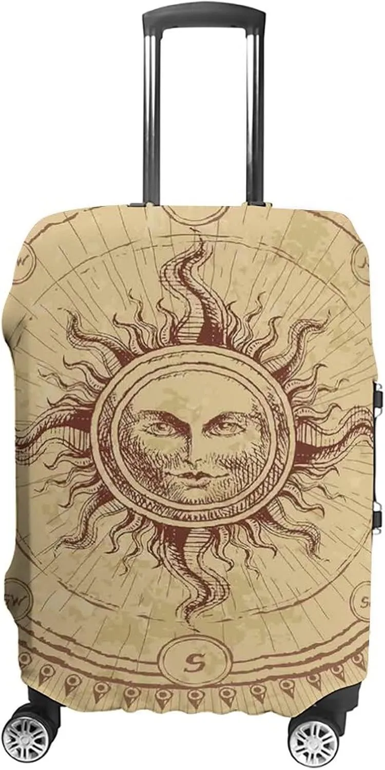 Double-sided Printed Luggage Cover, Ancient Decor Elastic Travel Luggage Cover, Roman Sculpture Face in Circle like Radiating Sun, Fits 30-32 Inch Luggage, Great For Vacation Travel, Light Brown