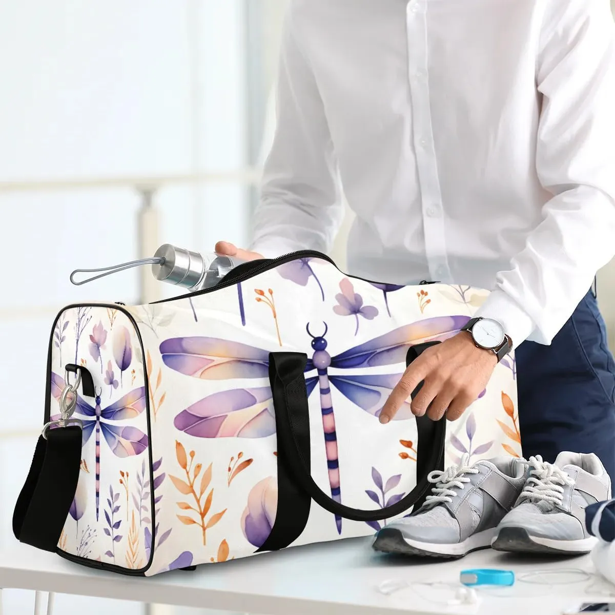 Dragonfly Flower Print Travel Duffel Bag for Women Men Waterproof Foldable Overnight Weekender Bag Large Capacity Sports Gym Bag