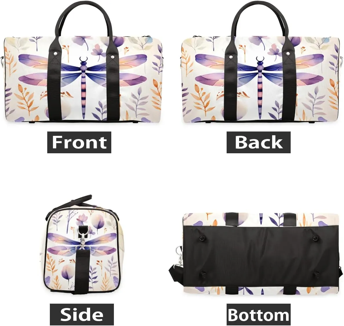 Dragonfly Flower Print Travel Duffel Bag for Women Men Waterproof Foldable Overnight Weekender Bag Large Capacity Sports Gym Bag