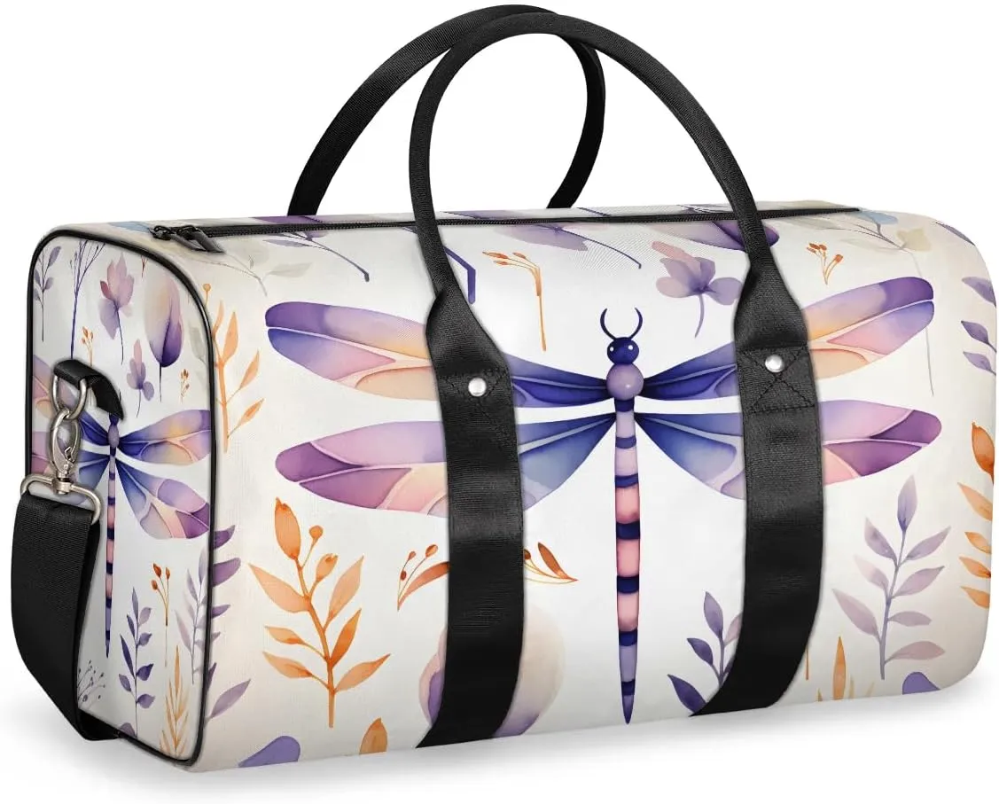 Dragonfly Flower Print Travel Duffel Bag for Women Men Waterproof Foldable Overnight Weekender Bag Large Capacity Sports Gym Bag