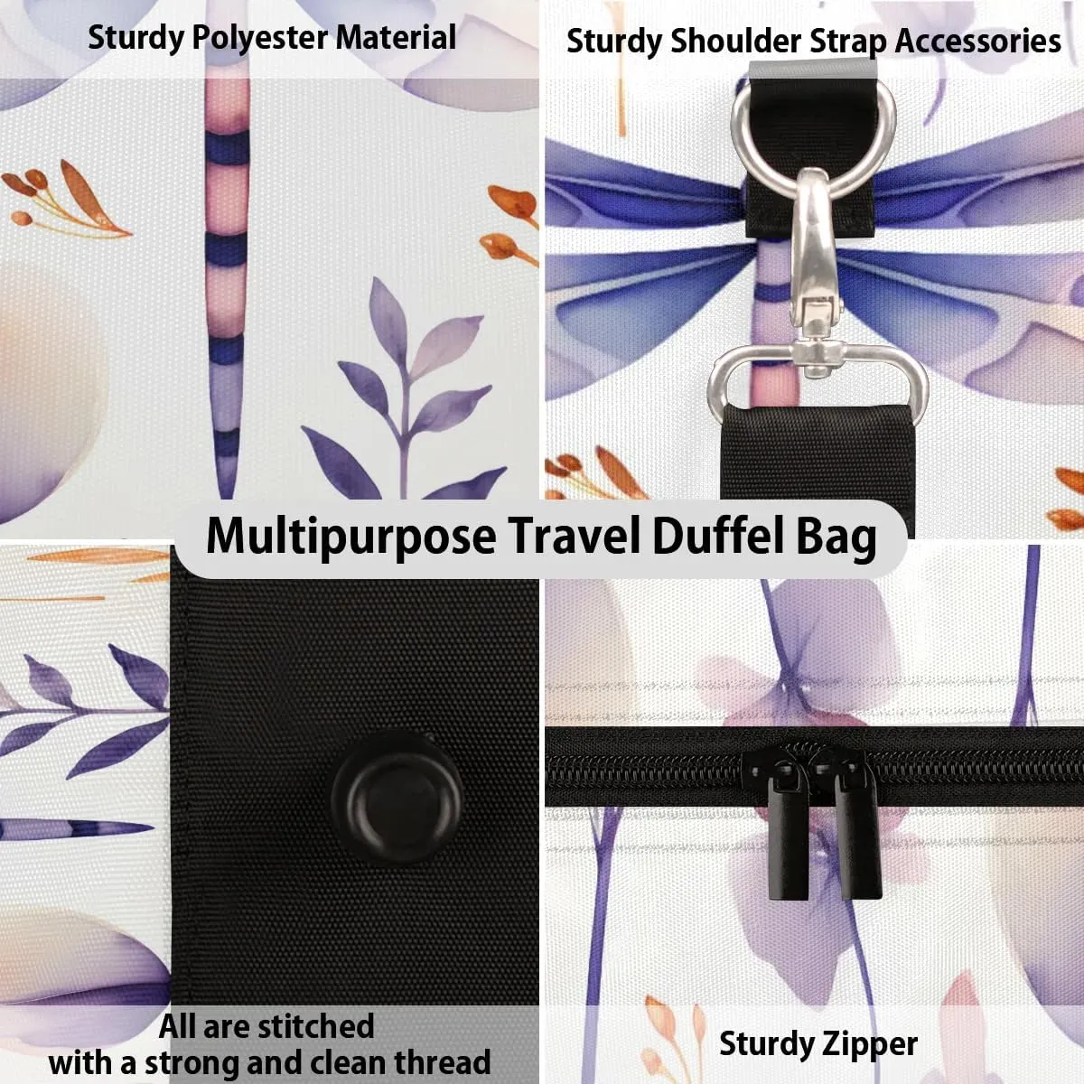 Dragonfly Flower Print Travel Duffel Bag for Women Men Waterproof Foldable Overnight Weekender Bag Large Capacity Sports Gym Bag