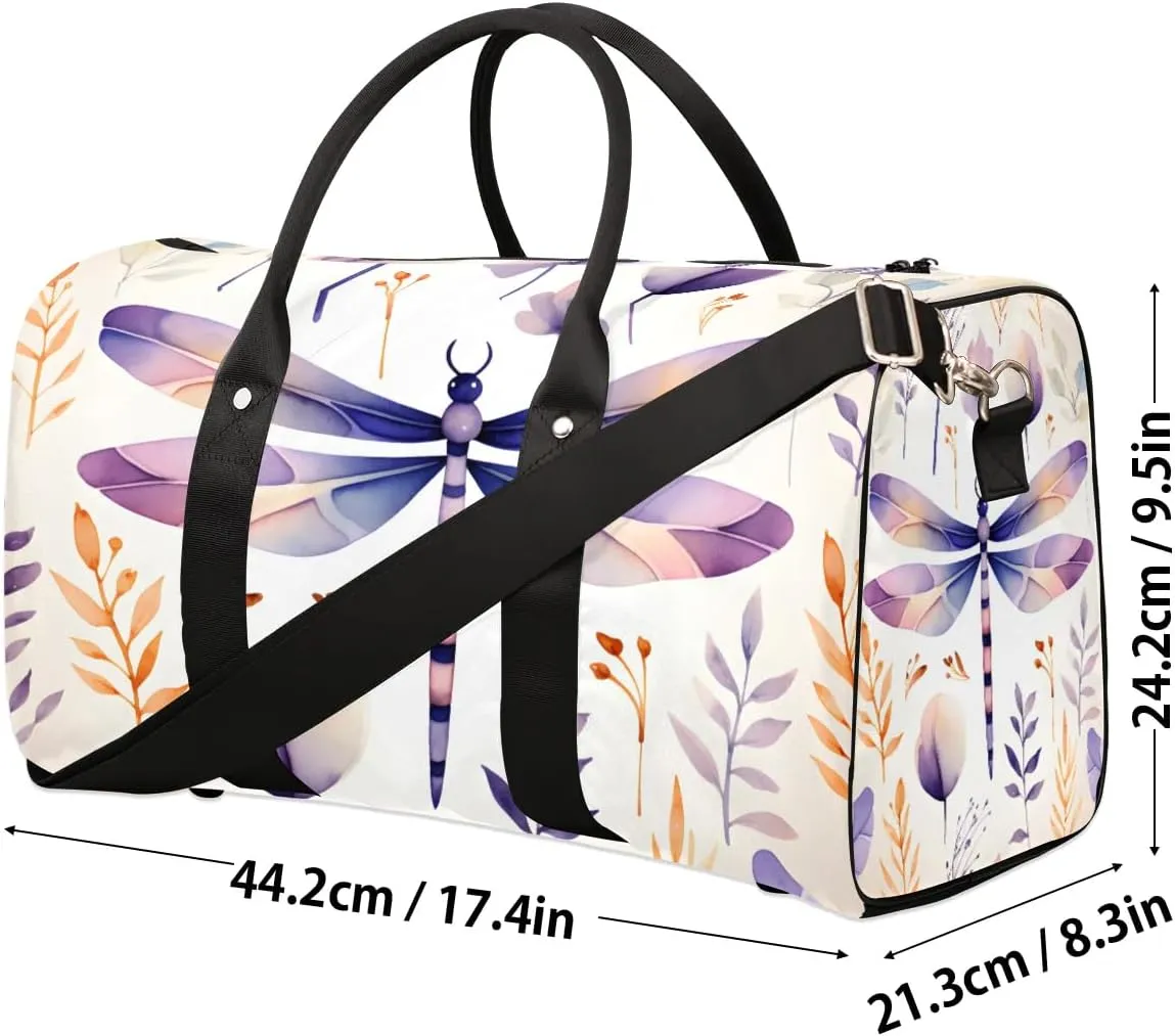 Dragonfly Flower Print Travel Duffel Bag for Women Men Waterproof Foldable Overnight Weekender Bag Large Capacity Sports Gym Bag