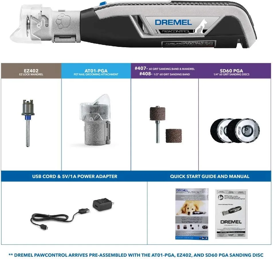 Dremel PawControl Dog Nail Grinder & Trimmer Kit with 60 Grit Rotary Tool Sanding Bands - Safe Pet Grooming for Dogs, Cats