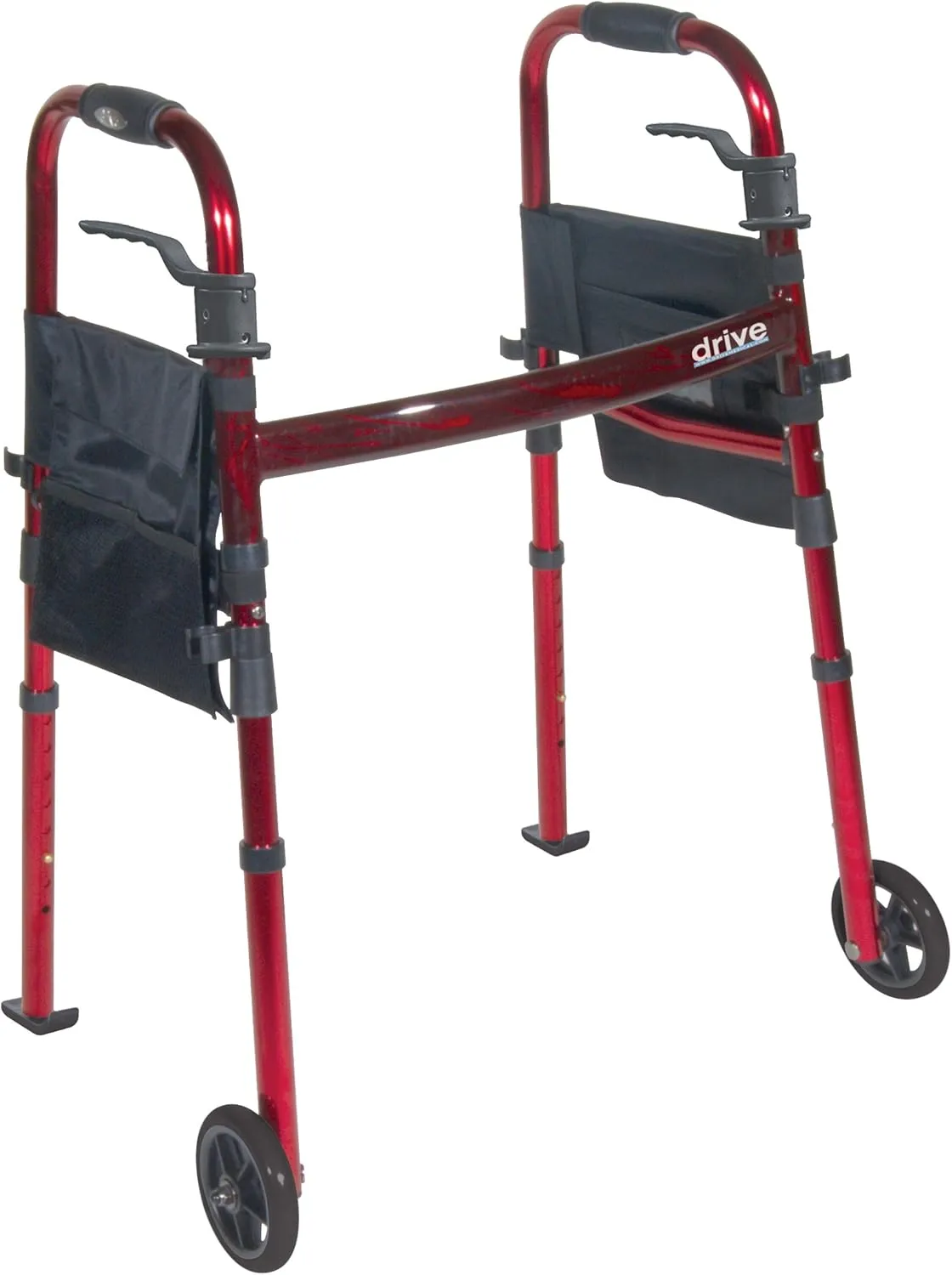 Drive Medical Deluxe Portable Folding Travel Walker with 5" Wheels and Fold up Legs, Red