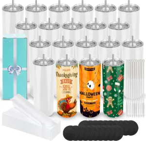 D·S 20 Pack Sublimation Tumblers 20 oz Bulk Skinny Straight Flat Bottom Blank Tumbler Cups with Individual Gift Boxed for Heat Transfer DIY Craft