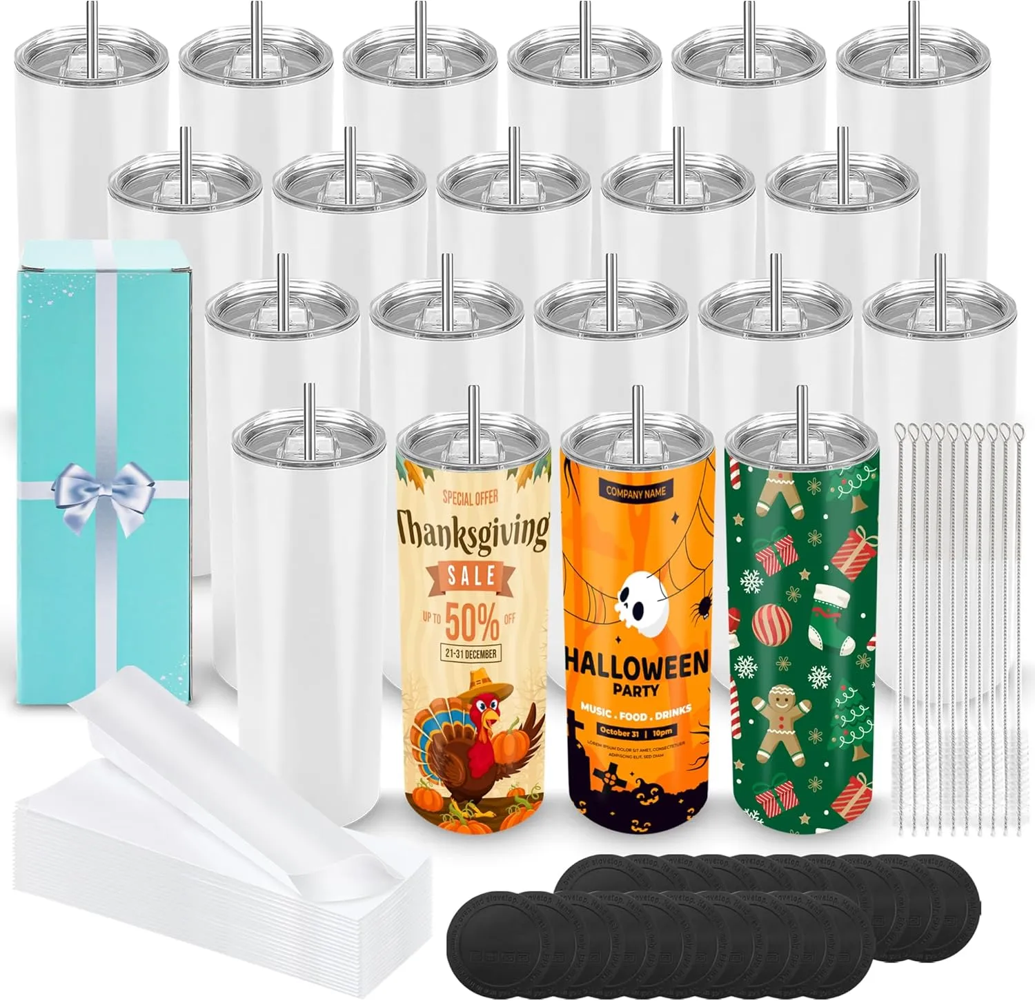 D·S 20 Pack Sublimation Tumblers 20 oz Bulk Skinny Straight Flat Bottom Blank Tumbler Cups with Individual Gift Boxed for Heat Transfer DIY Craft