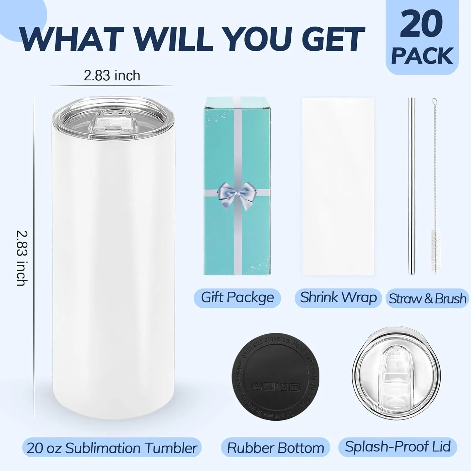 D·S 20 Pack Sublimation Tumblers 20 oz Bulk Skinny Straight Flat Bottom Blank Tumbler Cups with Individual Gift Boxed for Heat Transfer DIY Craft