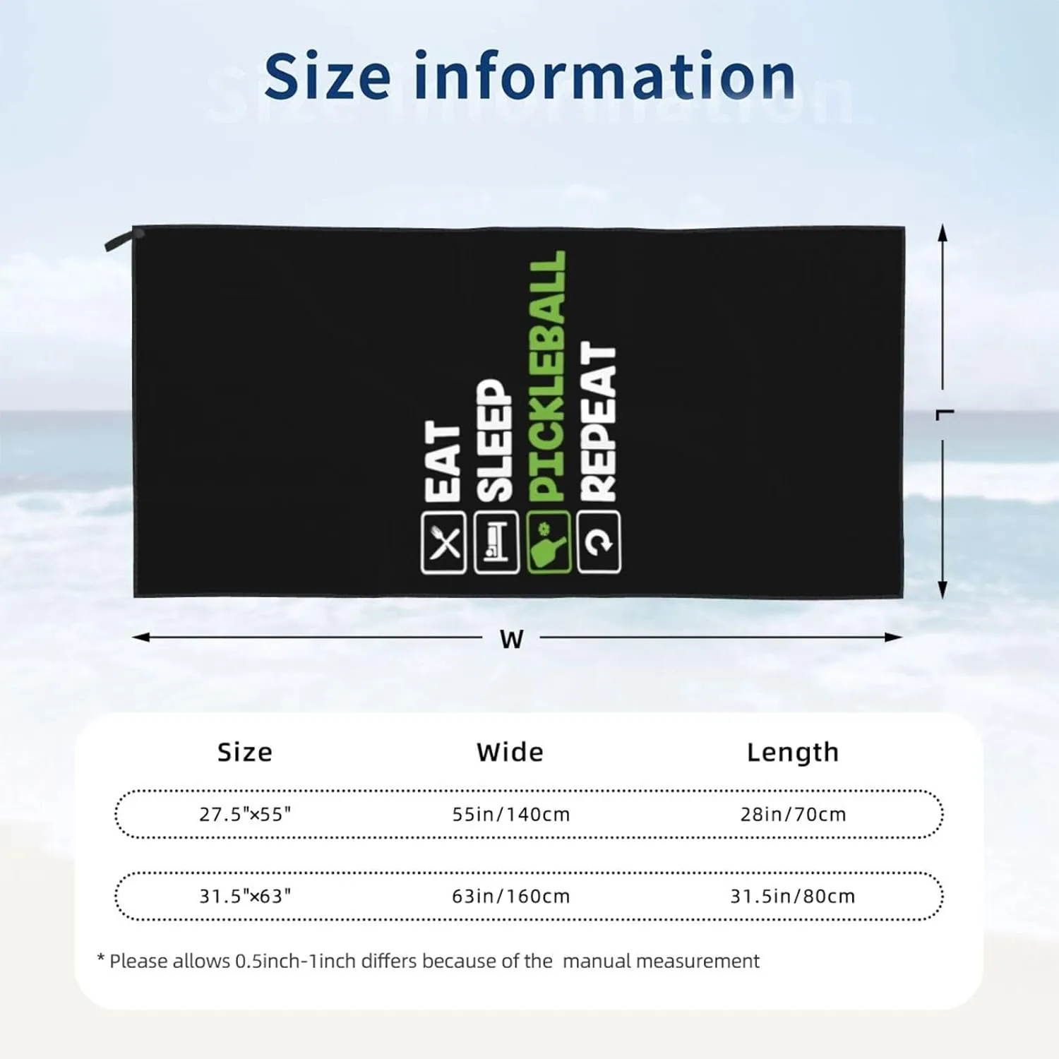 Eat Sleep Pickleball Repeat Beach Towel with Travel Bag 27.5"x55" Quick Dry Sand Free Lightweight Large Oversized Towels Light Vacation Essentials
