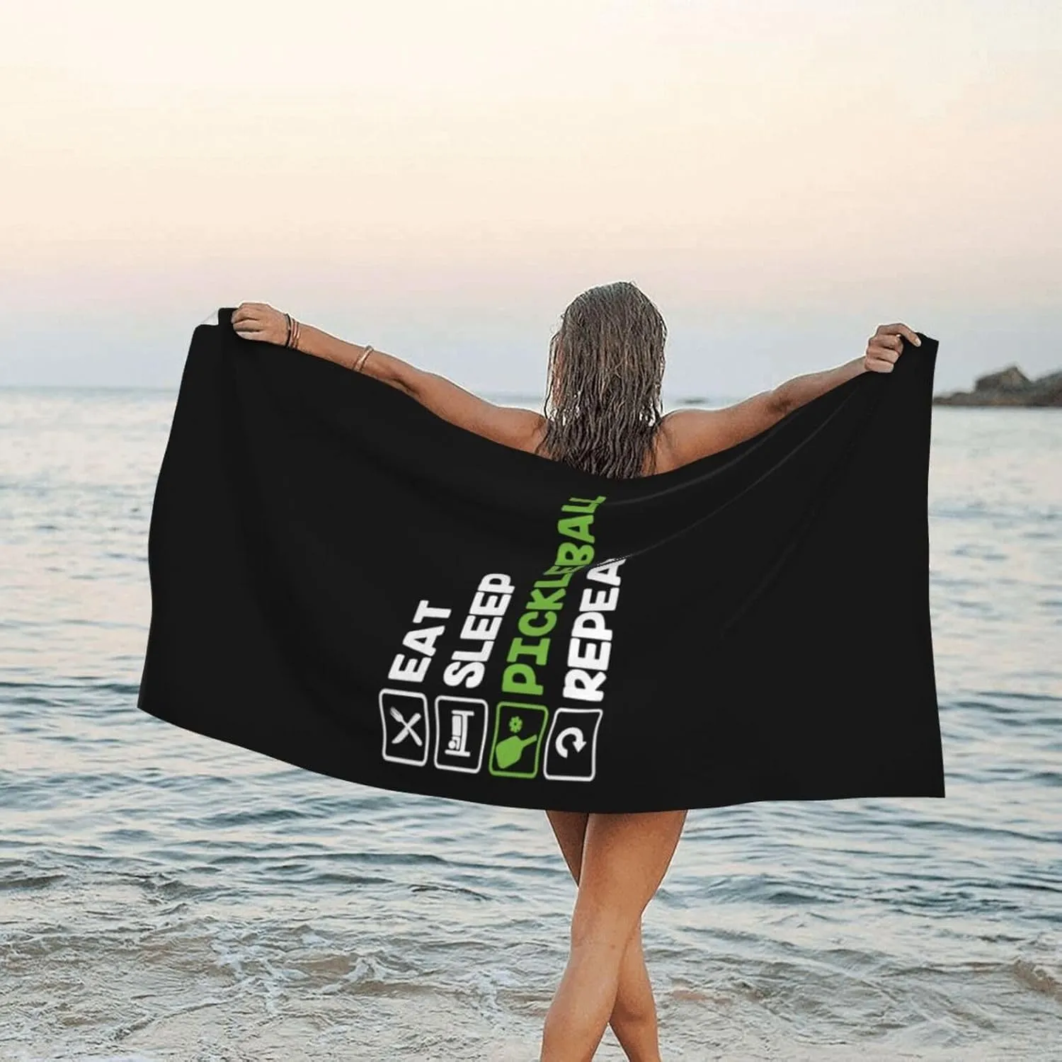 Eat Sleep Pickleball Repeat Beach Towel with Travel Bag 27.5"x55" Quick Dry Sand Free Lightweight Large Oversized Towels Light Vacation Essentials