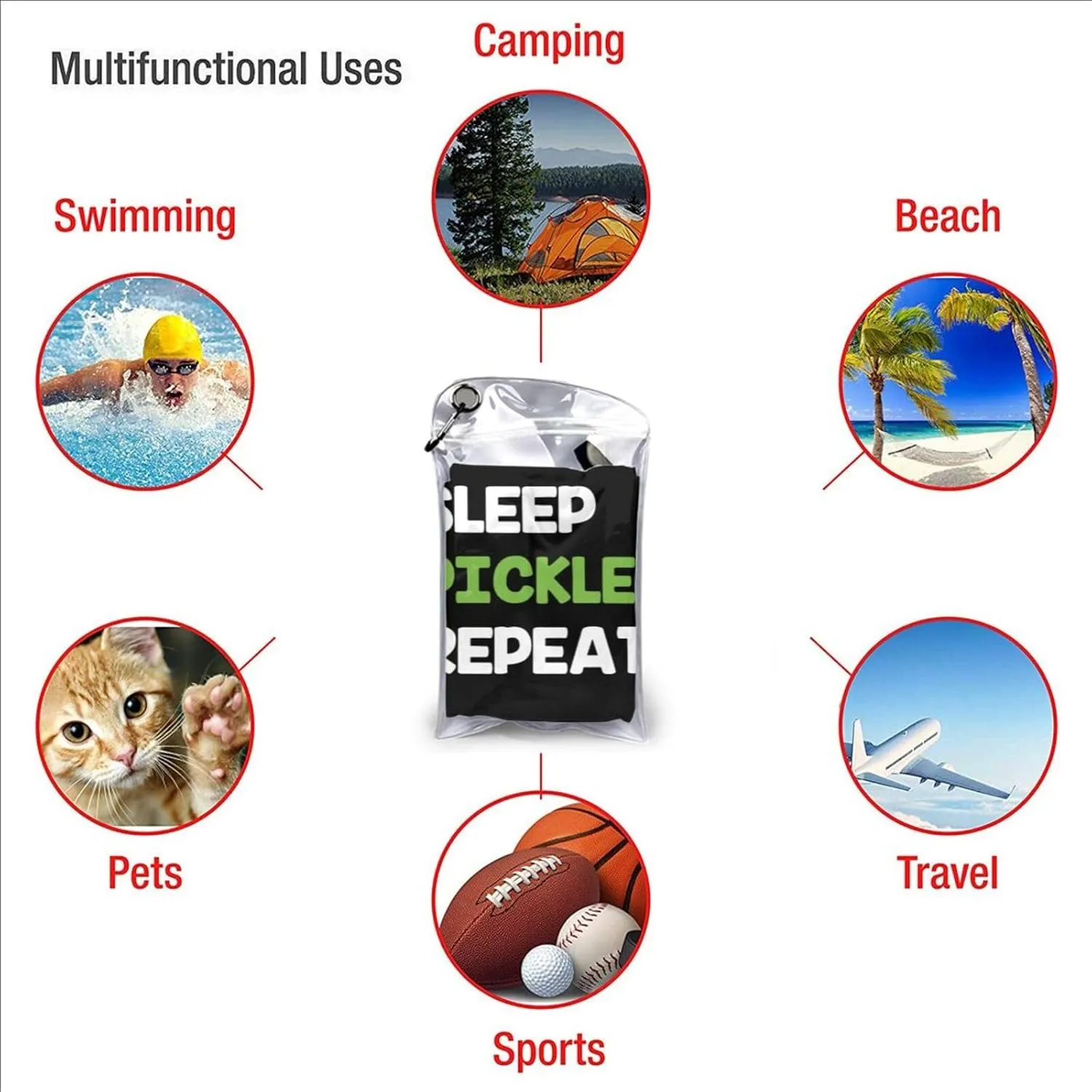 Eat Sleep Pickleball Repeat Beach Towel with Travel Bag 27.5"x55" Quick Dry Sand Free Lightweight Large Oversized Towels Light Vacation Essentials