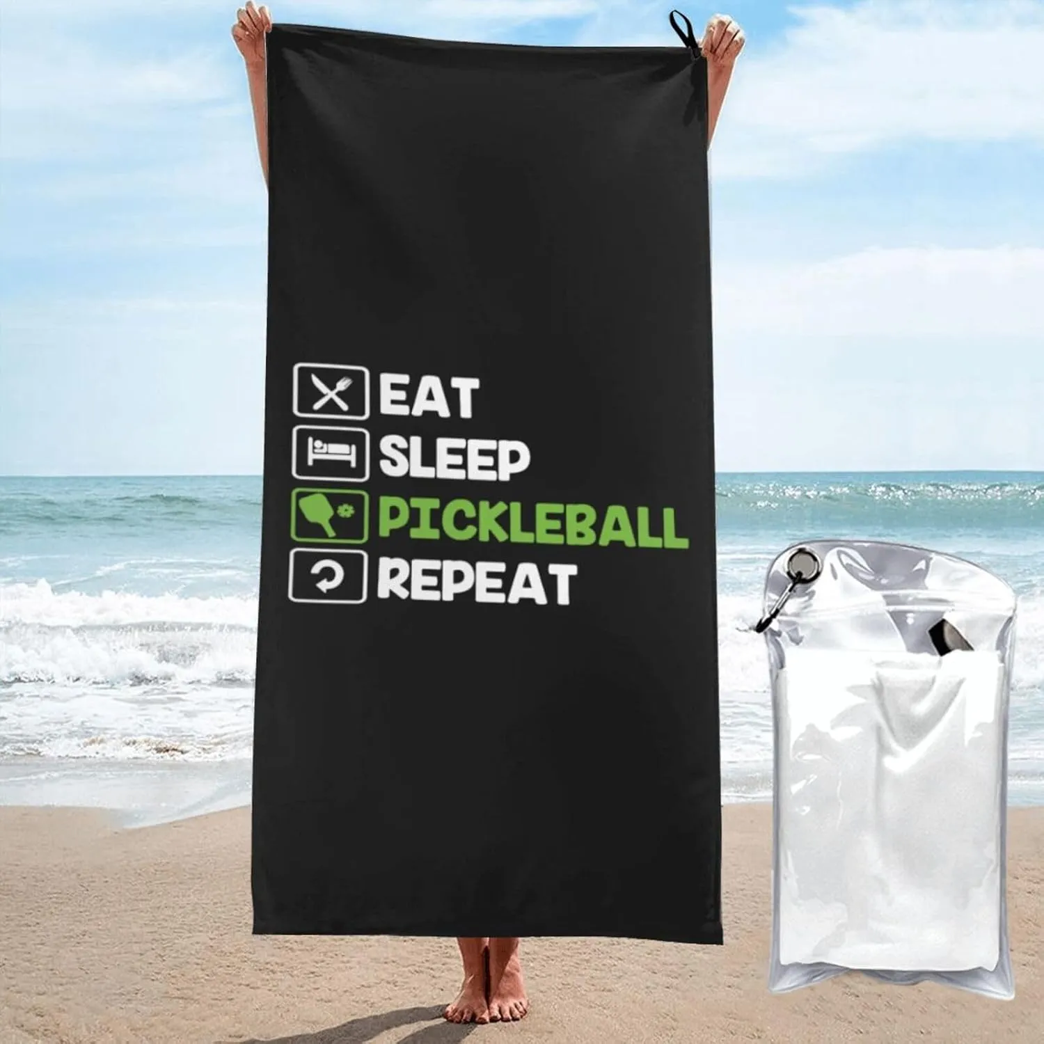 Eat Sleep Pickleball Repeat Beach Towel with Travel Bag 27.5"x55" Quick Dry Sand Free Lightweight Large Oversized Towels Light Vacation Essentials