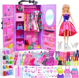 Ecore Fun 86 Pcs Doll Accessories with Doll Closet Wardrobe for 11.5 Inch Doll Dress Up Set Including Wardrobe Handbags Dress Shoes Hangers Necklace Pet and Other Accessories (No Doll)…, Purple