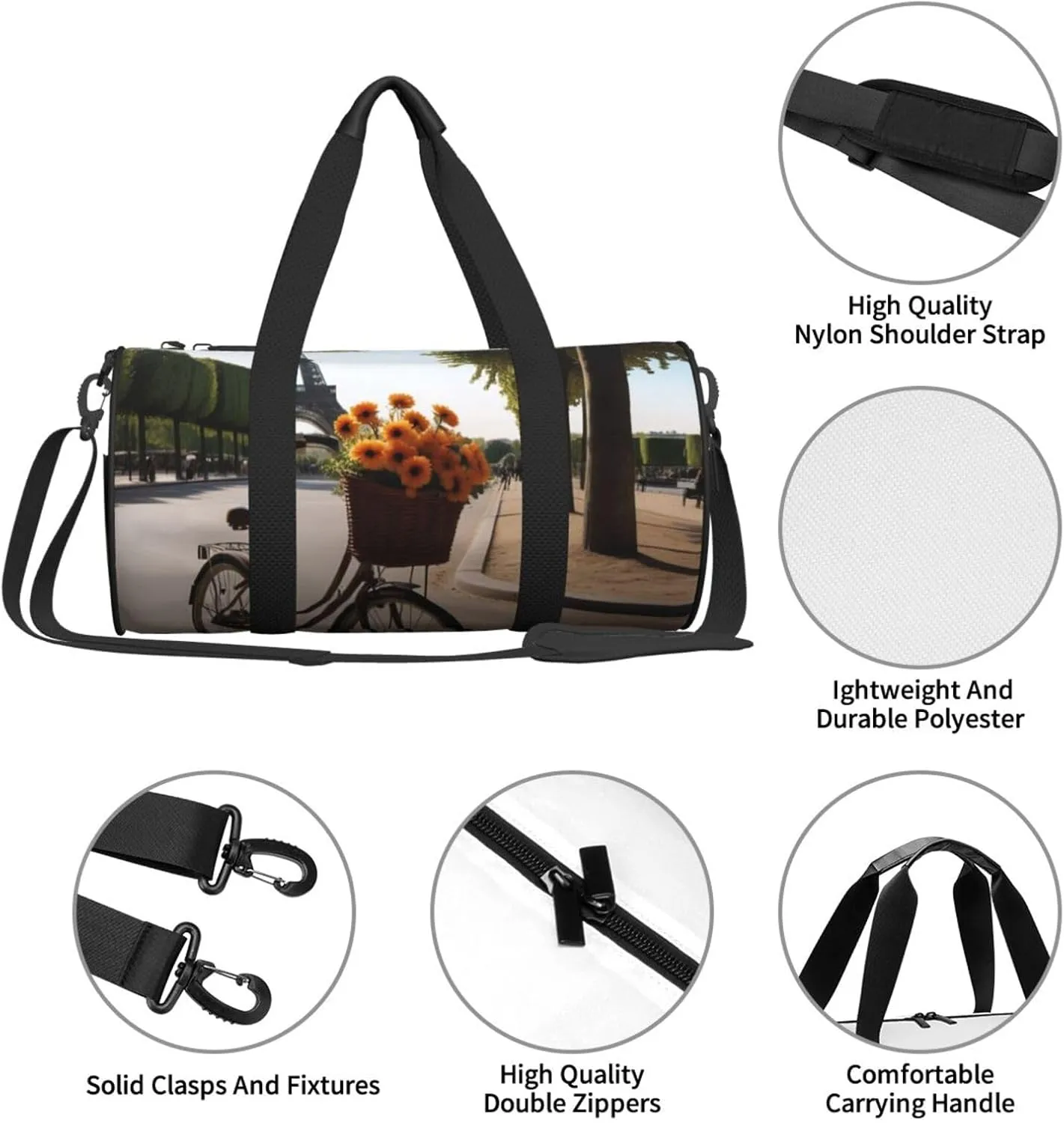 Eiffel Tower Bike Printed Travel Bag,Round Personal Item Storage bag,Foldie Duffel Bag for Traveling Vacation,Fitness,Sports
