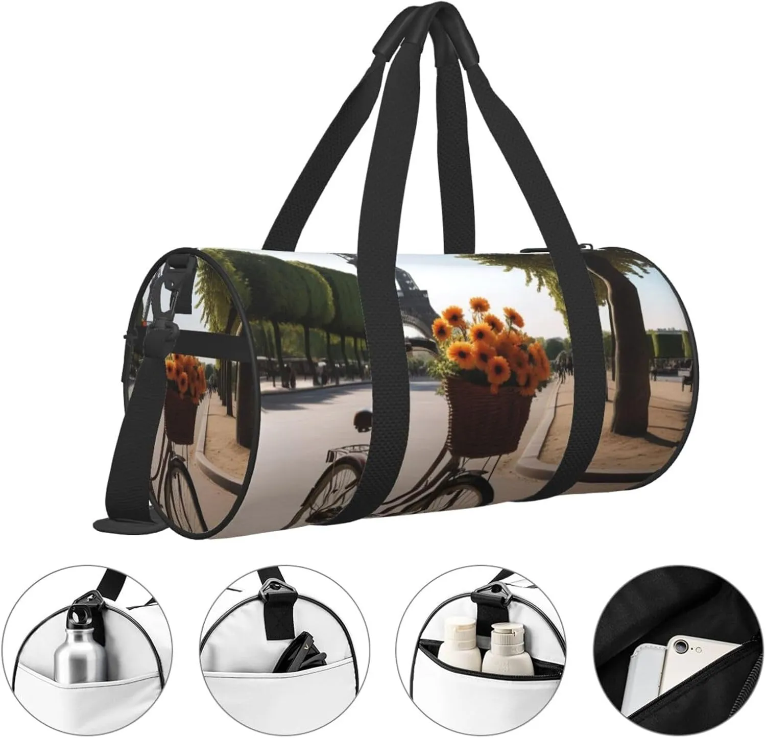 Eiffel Tower Bike Printed Travel Bag,Round Personal Item Storage bag,Foldie Duffel Bag for Traveling Vacation,Fitness,Sports
