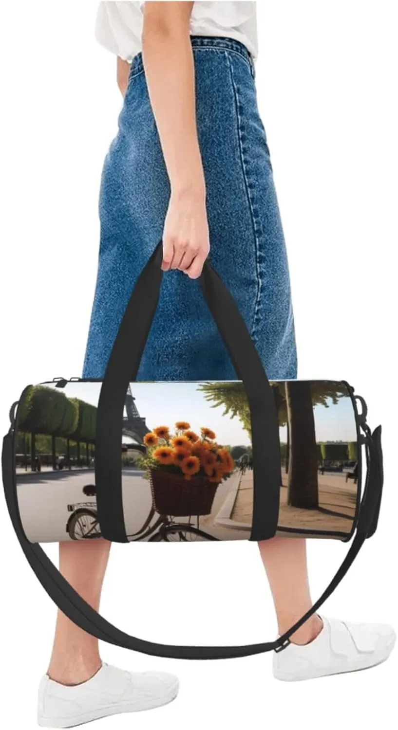 Eiffel Tower Bike Printed Travel Bag,Round Personal Item Storage bag,Foldie Duffel Bag for Traveling Vacation,Fitness,Sports