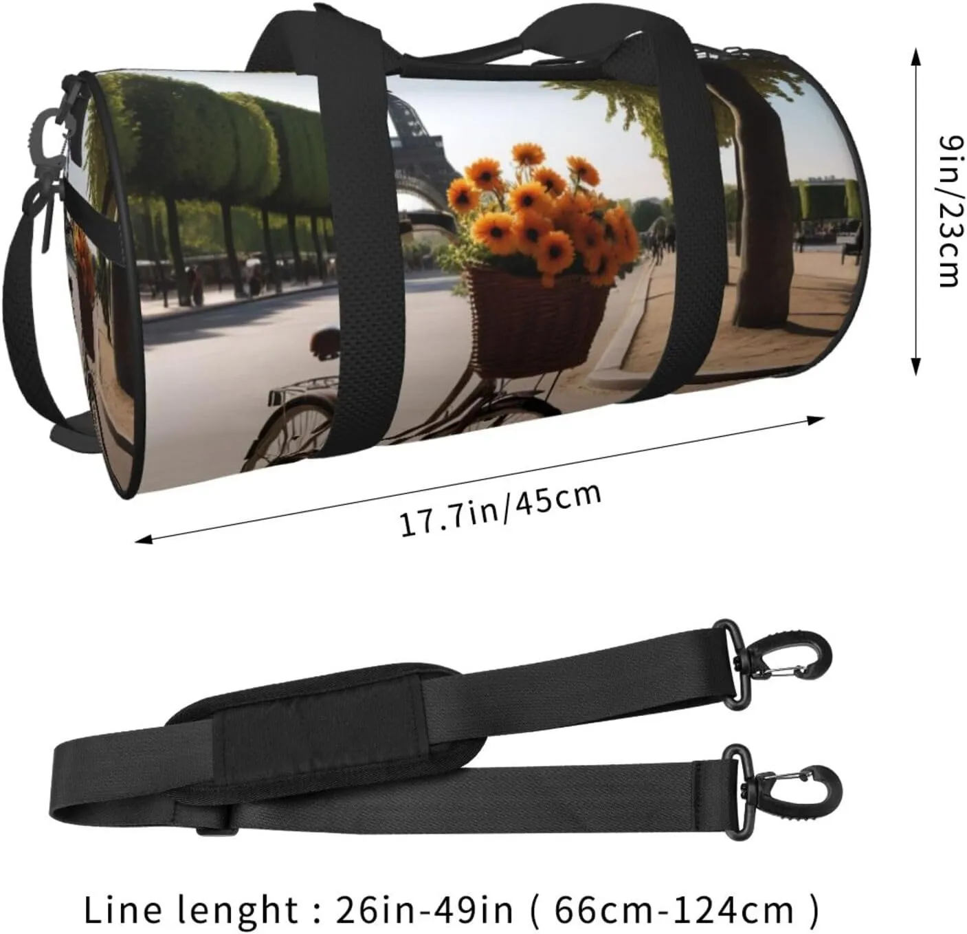Eiffel Tower Bike Printed Travel Bag,Round Personal Item Storage bag,Foldie Duffel Bag for Traveling Vacation,Fitness,Sports