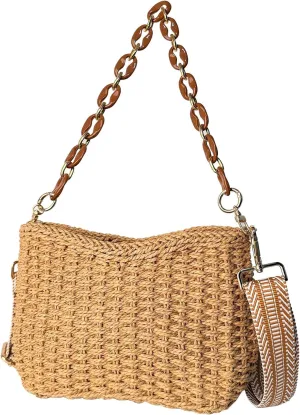 Eiyye Woven Straw Crossbody Bag – Handwoven Summer Beach Shoulder Bag with Chain Strap, Boho Chic Handbag for Women