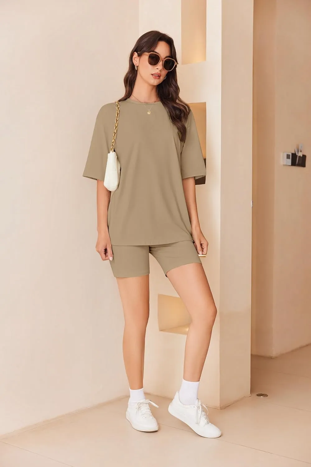 Ekouaer Women Cotton Lounge Sets Summer Outfits T-Shirt Top and Biker Short Set 2 Piece Matching Tracksuit S-XXL